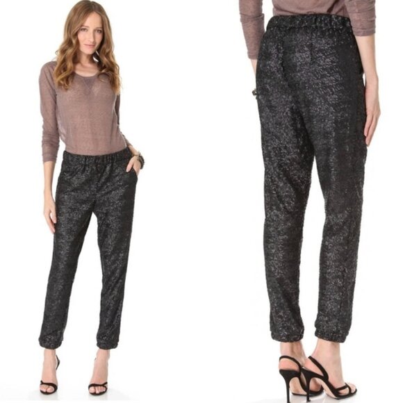 Free People Sequin Party Pant Black Joggers Size Medium - Picture 1 of 14